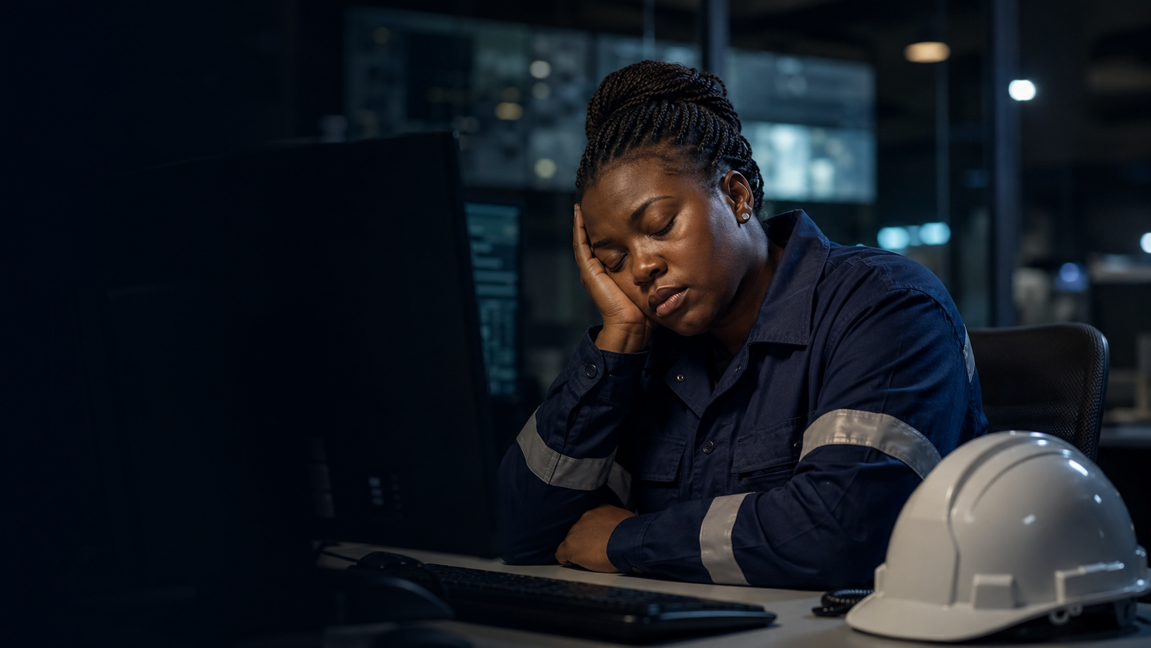An African woman experiencing fatigue during a night shift